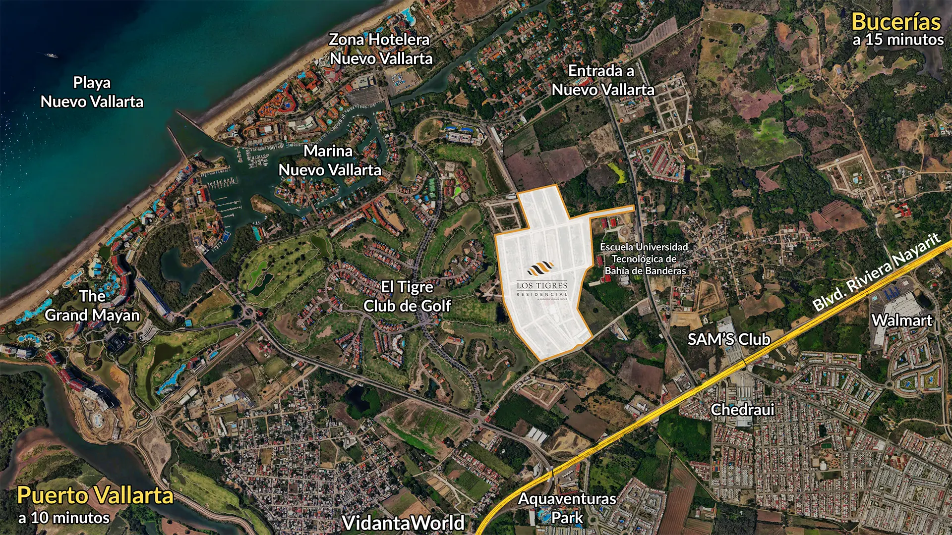 Mapa de Ubicación Los Tigres Residencial cerca de VidantaWorld, Aeropuerto y Nuevo Vallarta